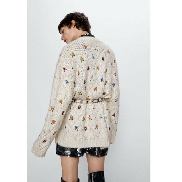 Zara Womens Ivory Limited Edition Embroidered Oversized Cardigan Sweater Size S - Picture 2 of 8